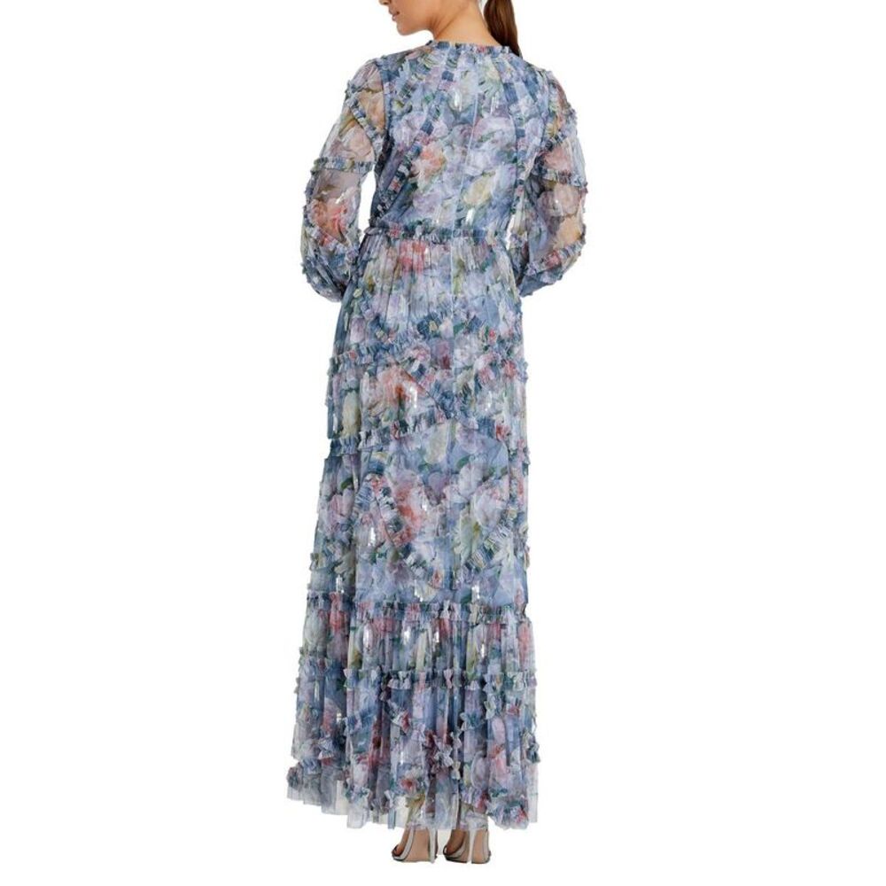 Mac Duggal Womens Blue Sequined Floral Print Evening Dress Gown NWT - Picture 2 of 2